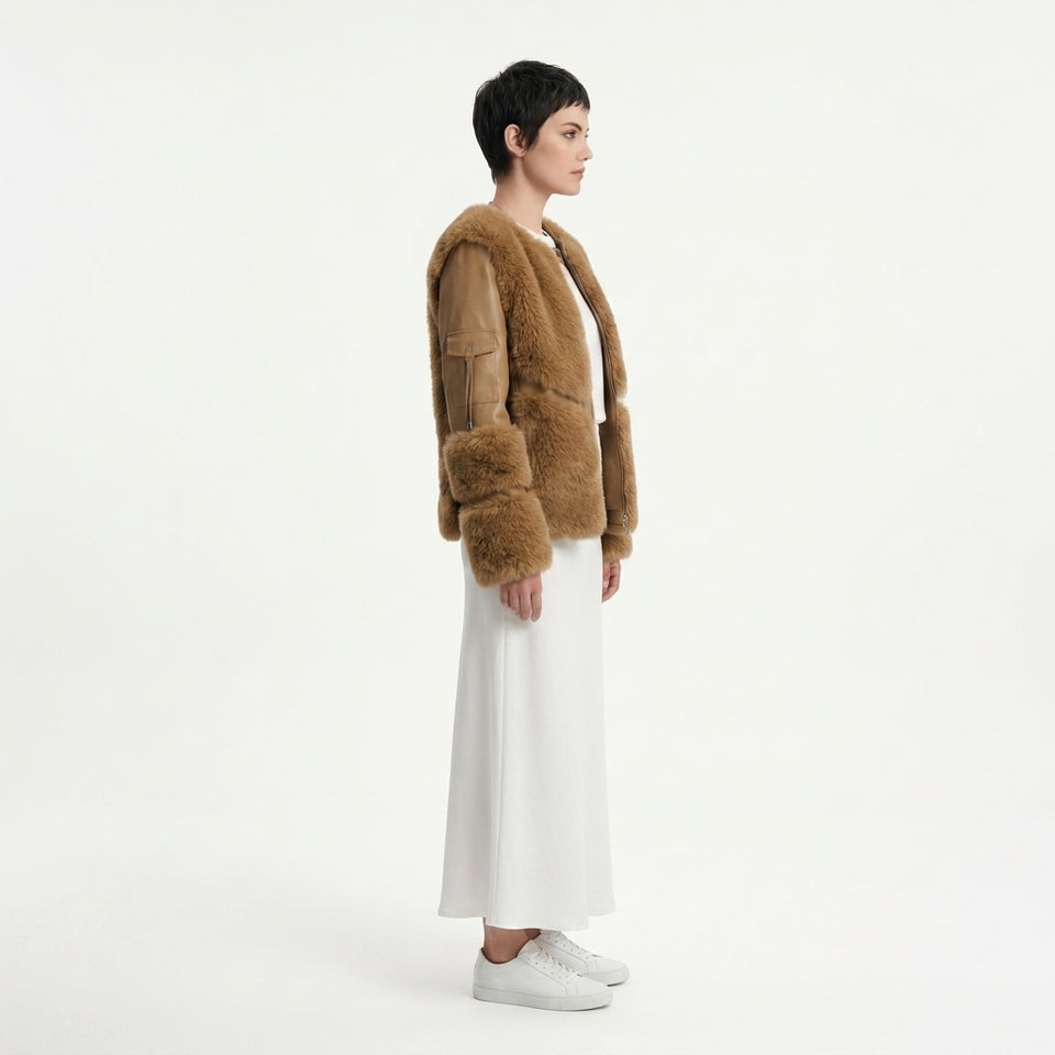 Kargo Cep Detaylı Pelüş Mont - Camel