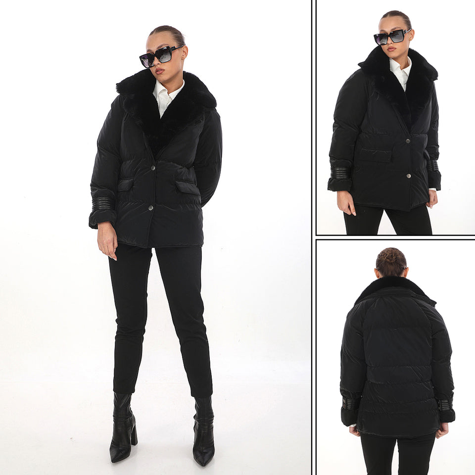 Deri Detaylı Puffer Ceket - Siyah
