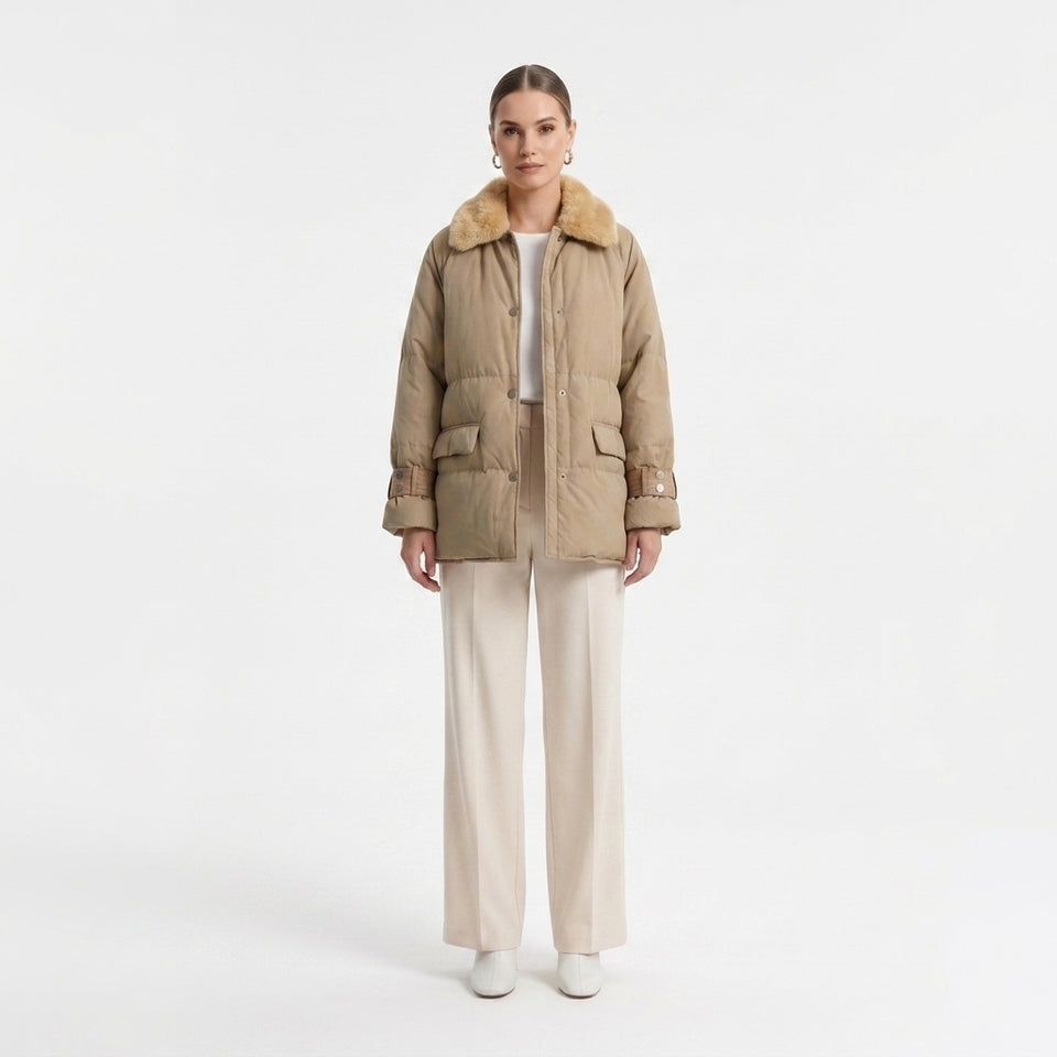 Deri Detaylı Puffer Ceket - Camel