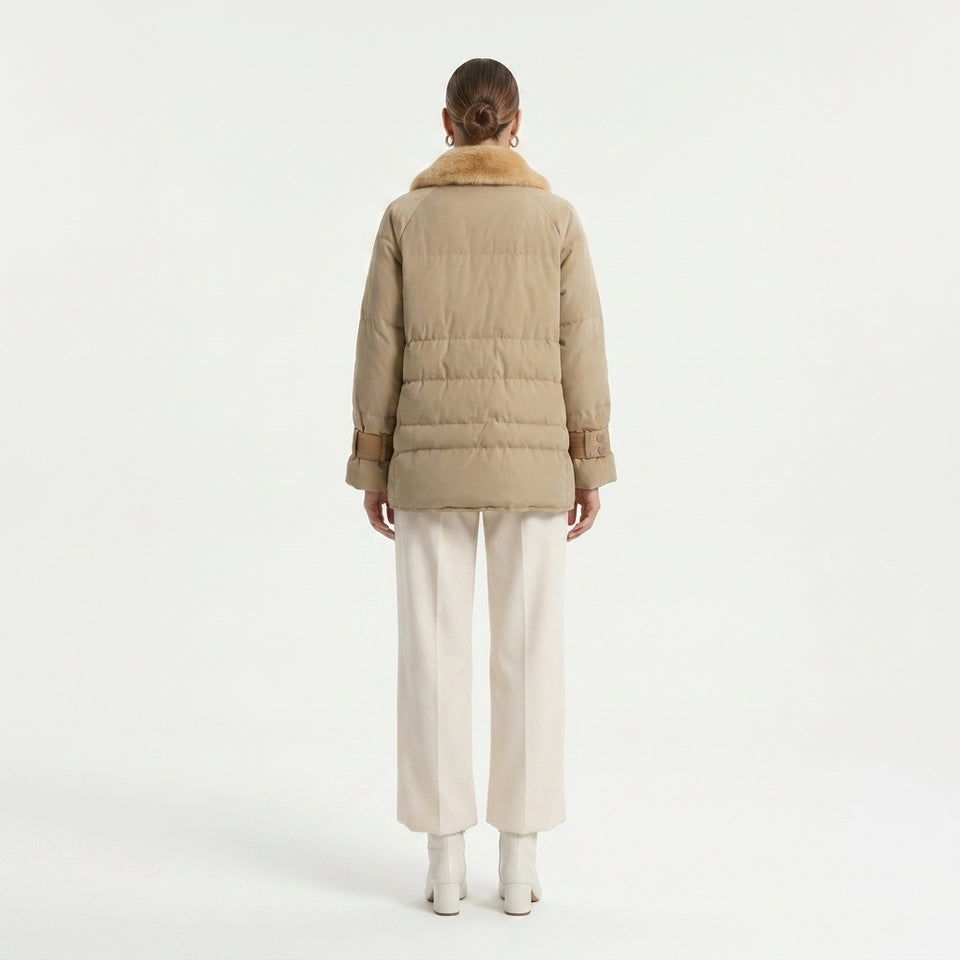 Deri Detaylı Puffer Ceket - Camel