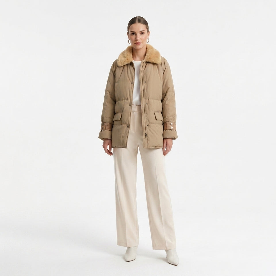 Deri Detaylı Puffer Ceket - Camel