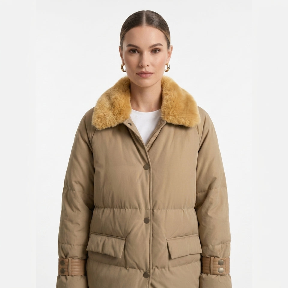 Deri Detaylı Puffer Ceket - Camel