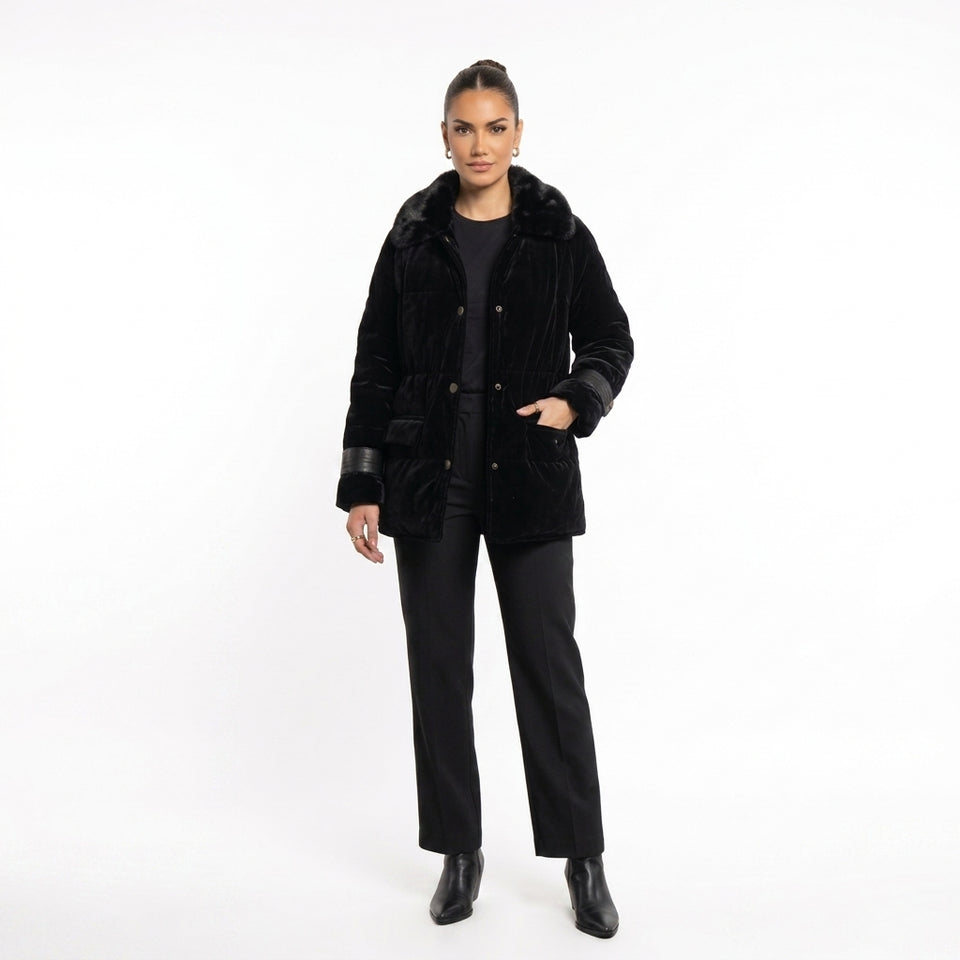 Deri Detaylı Puffer Ceket - Siyah