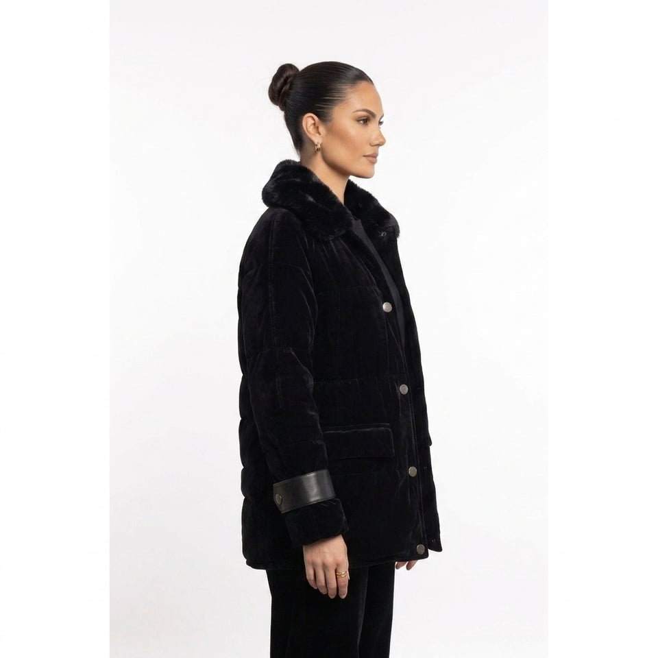Deri Detaylı Puffer Ceket - Siyah