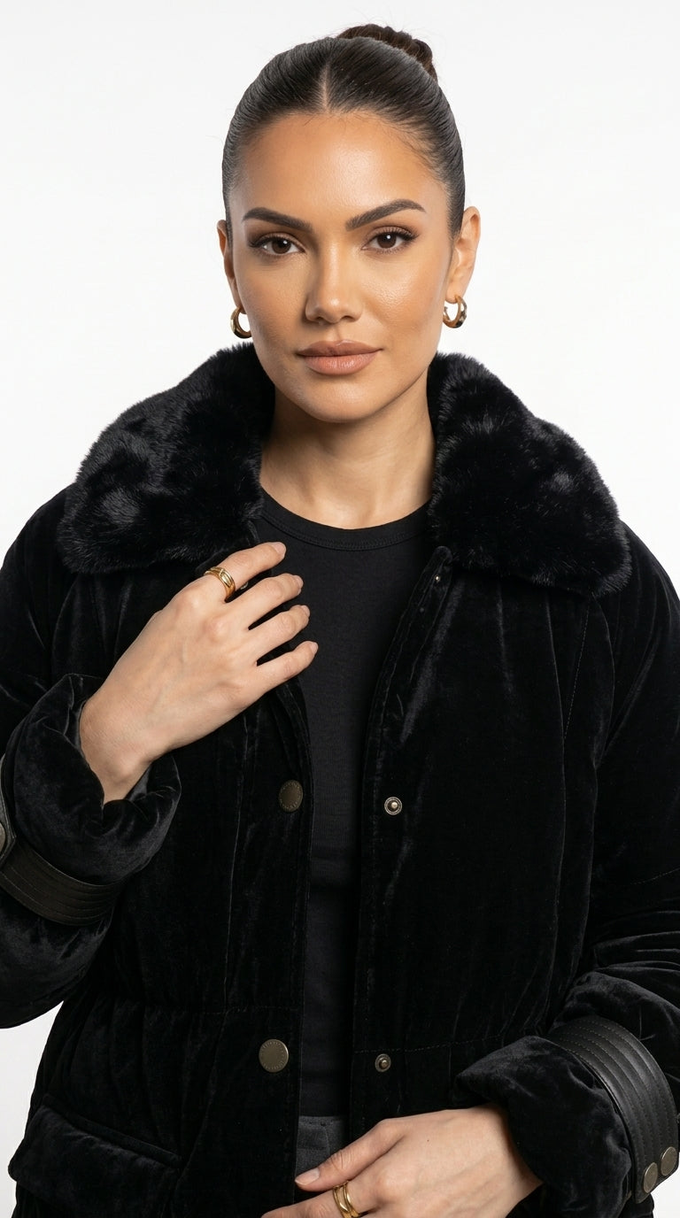 Deri Detaylı Puffer Ceket - Siyah