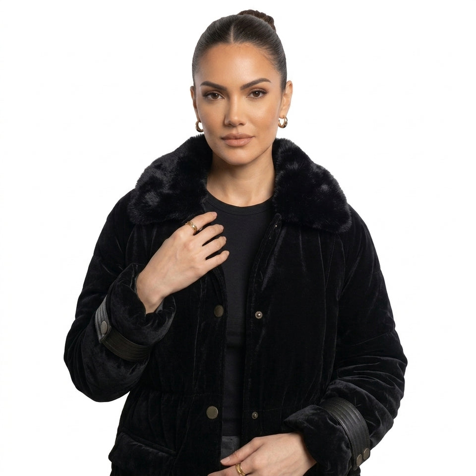Deri Detaylı Puffer Ceket - Siyah