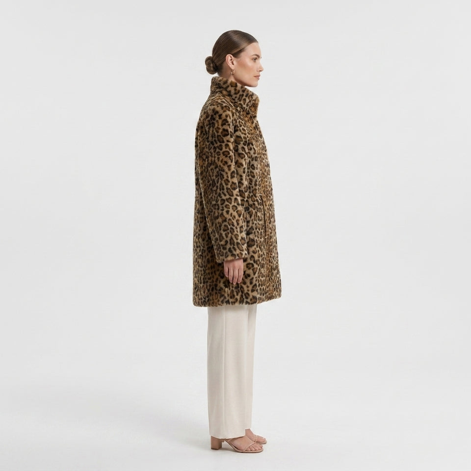 Bel Büzgülü ve Dik Yakalı Kaban - Leopar Desen