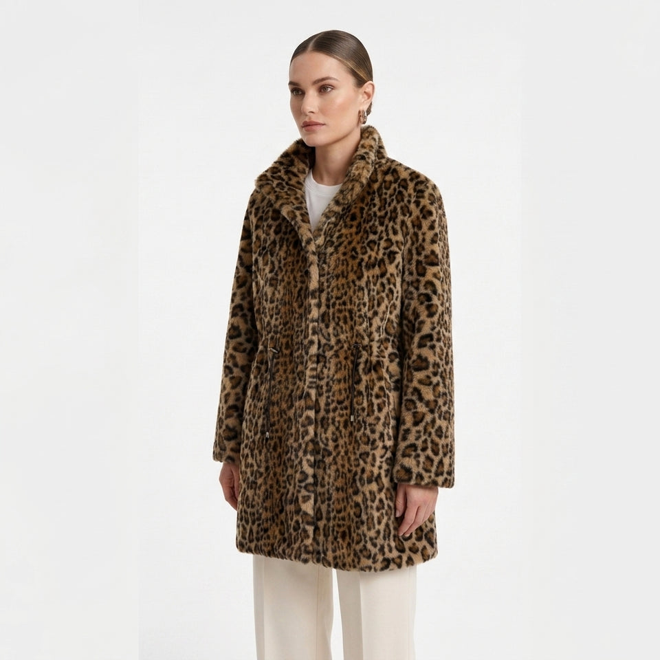 Bel Büzgülü ve Dik Yakalı Kaban - Leopar Desen