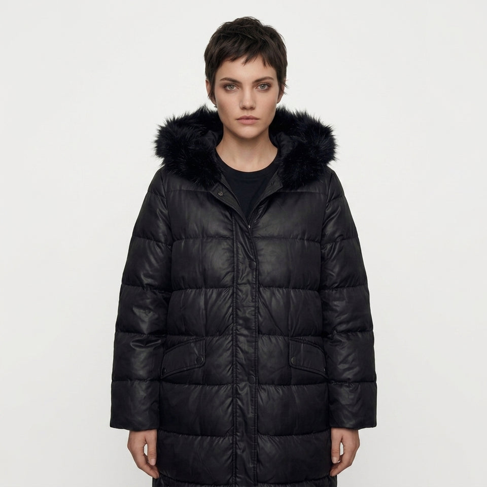 Kapaklı Cep Detaylı Kapitone Puffer Mont - Siyah