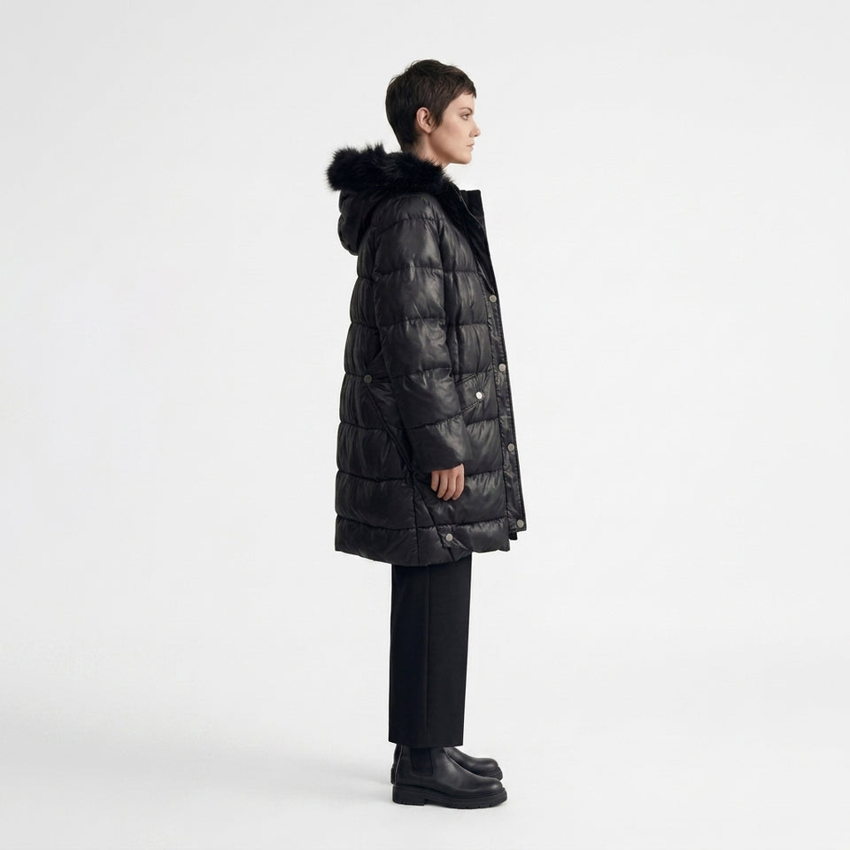 Kapaklı Cep Detaylı Kapitone Puffer Mont - Siyah
