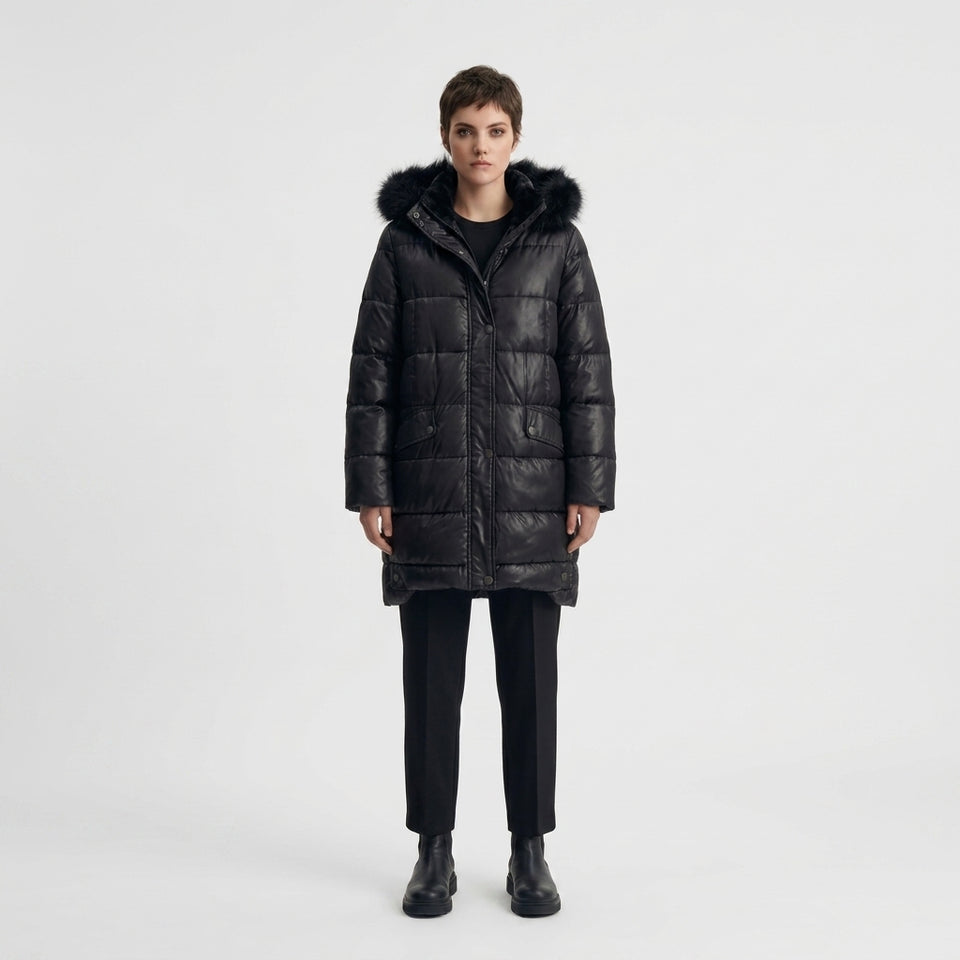 Kapaklı Cep Detaylı Kapitone Puffer Mont - Siyah