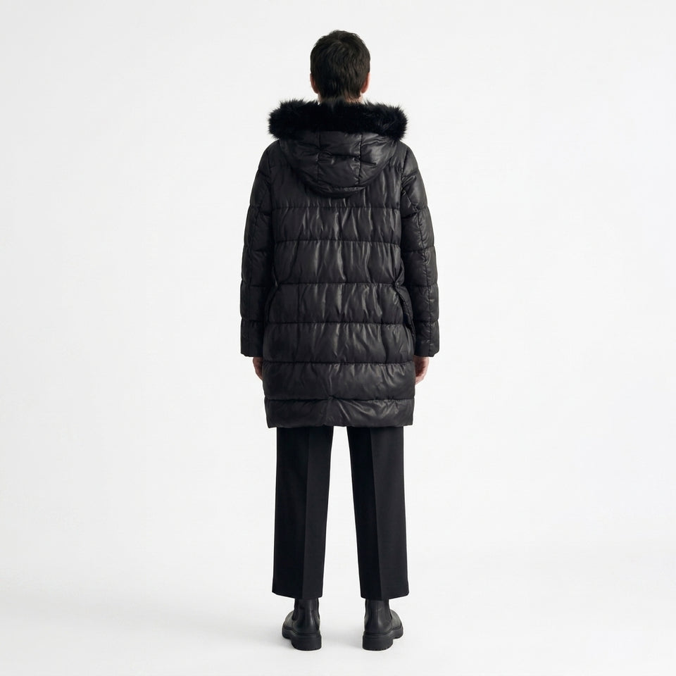 Kapaklı Cep Detaylı Kapitone Puffer Mont - Siyah