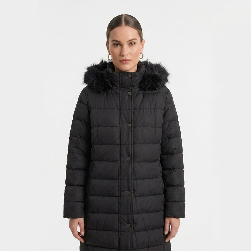 Kürk Kapüşonlu Uzun Kapitone Puffer Mont - Siyah