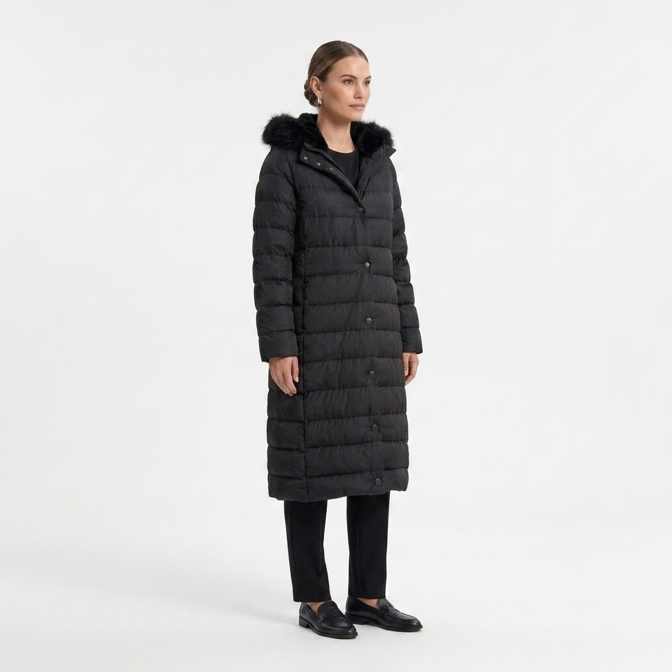 Kürk Kapüşonlu Uzun Kapitone Puffer Mont - Siyah