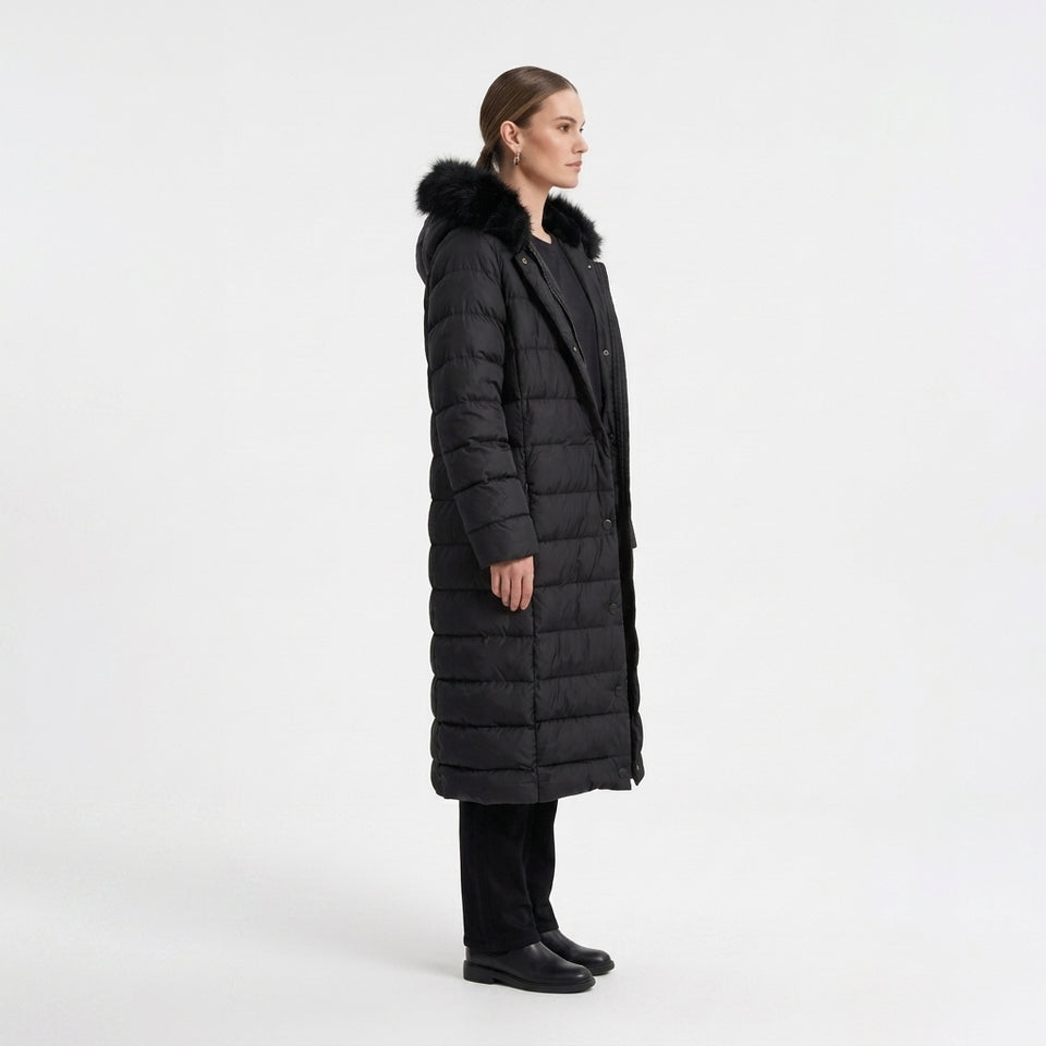 Kürk Kapüşonlu Uzun Kapitone Puffer Mont - Siyah