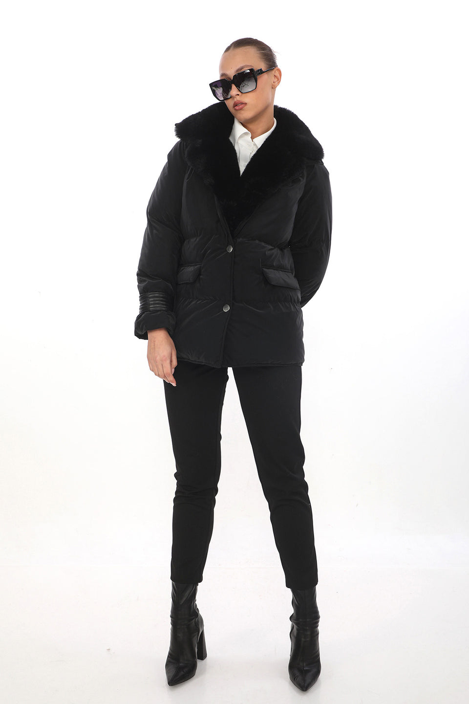 Deri Detaylı Puffer Ceket - Siyah