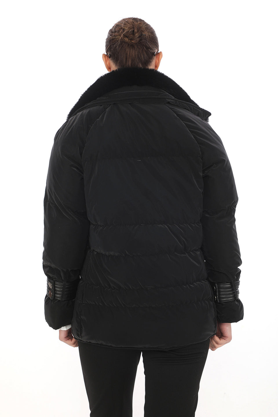 Deri Detaylı Puffer Ceket - Siyah