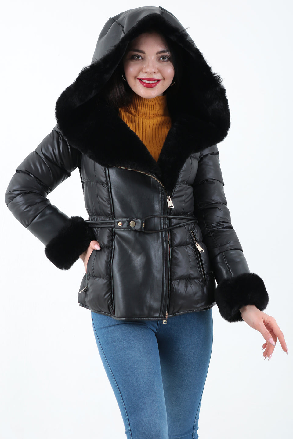 Çıtçıt Kemerli Kapitone Mont - Siyah