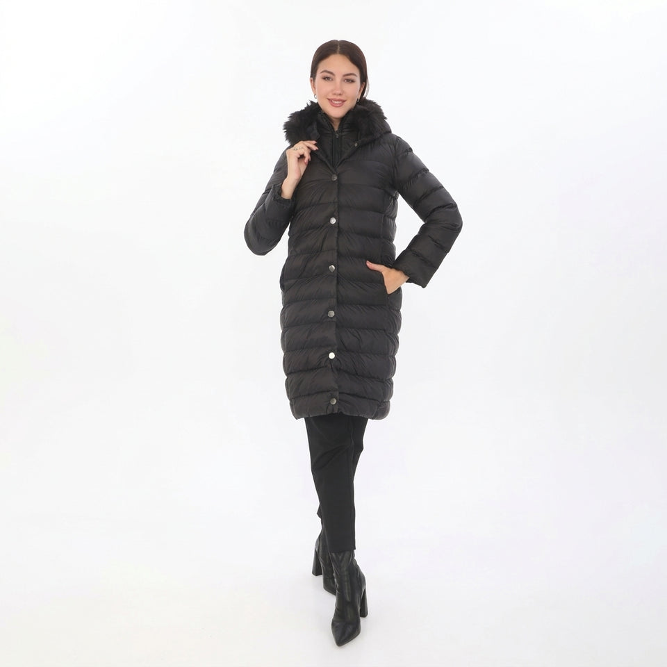 Kürk Kapüşonlu Uzun Kapitone Puffer Mont - Siyah