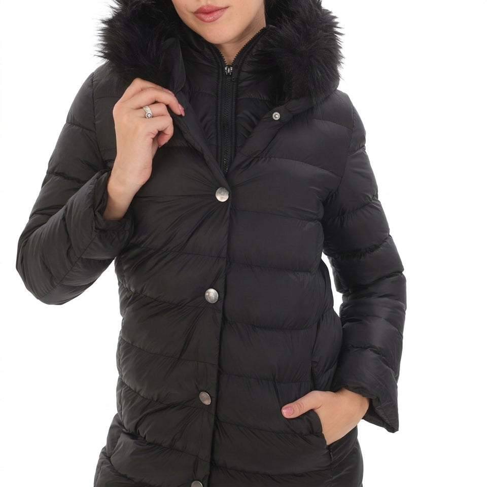 Kürk Kapüşonlu Uzun Kapitone Puffer Mont - Siyah
