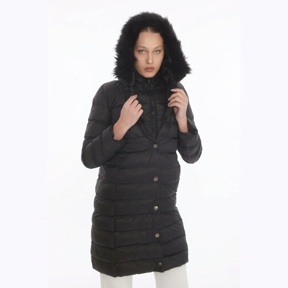 Kürk Kapüşonlu Uzun Kapitone Puffer Mont - Siyah