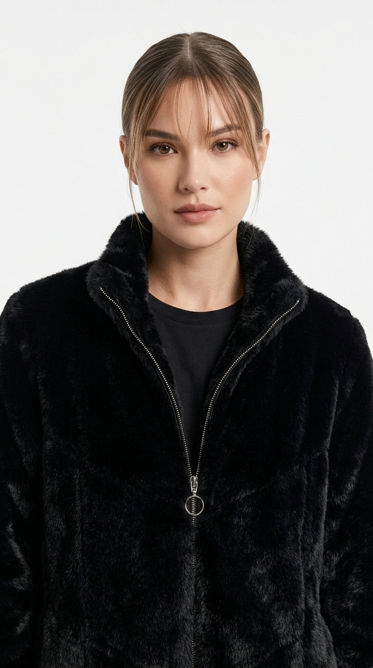 Dik Yakalı Peluş Mont - Siyah