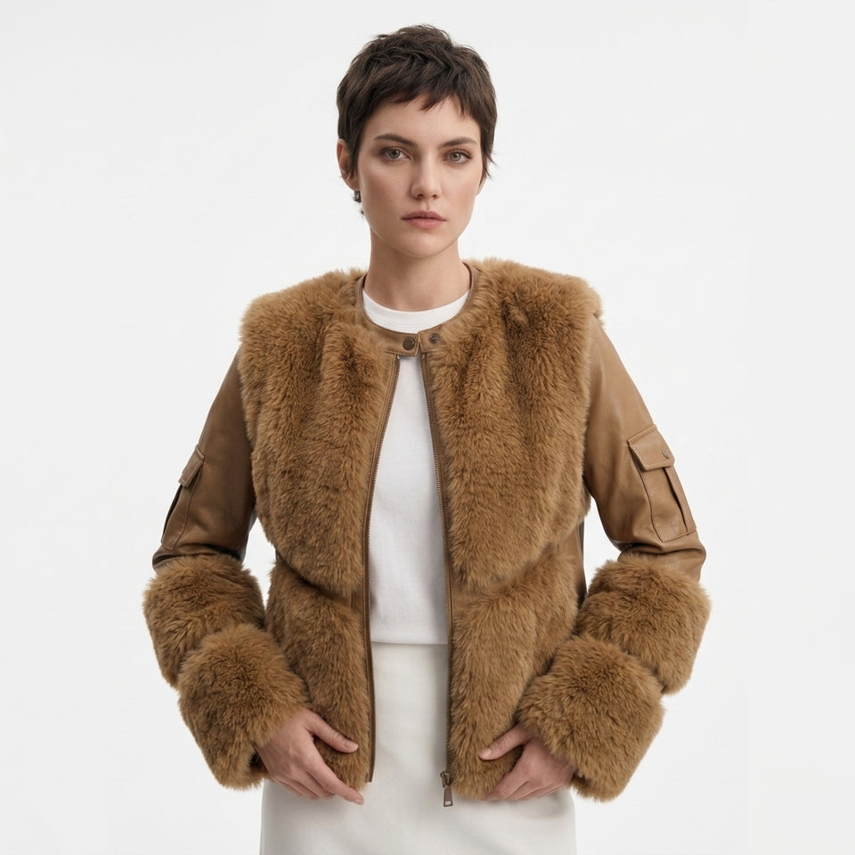 Kargo Cep Detaylı Pelüş Mont - Camel