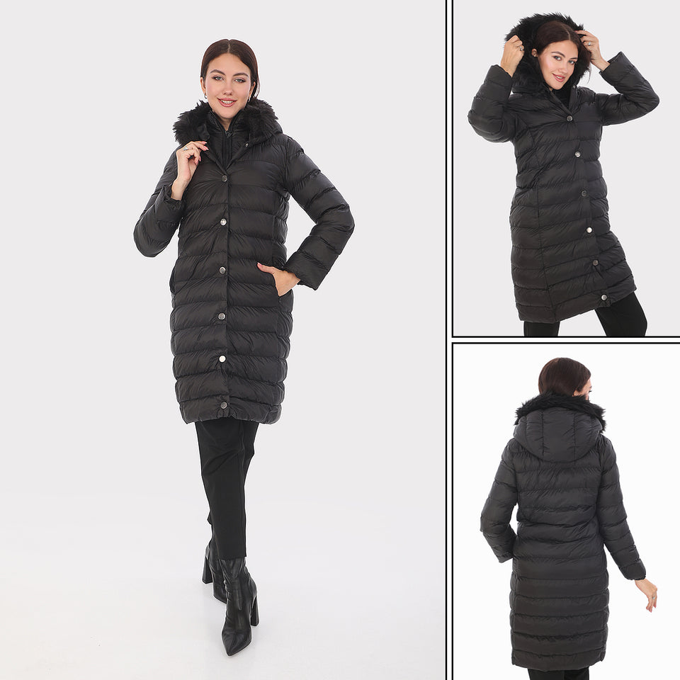 Kürk Kapüşonlu Uzun Kapitone Puffer Mont - Siyah