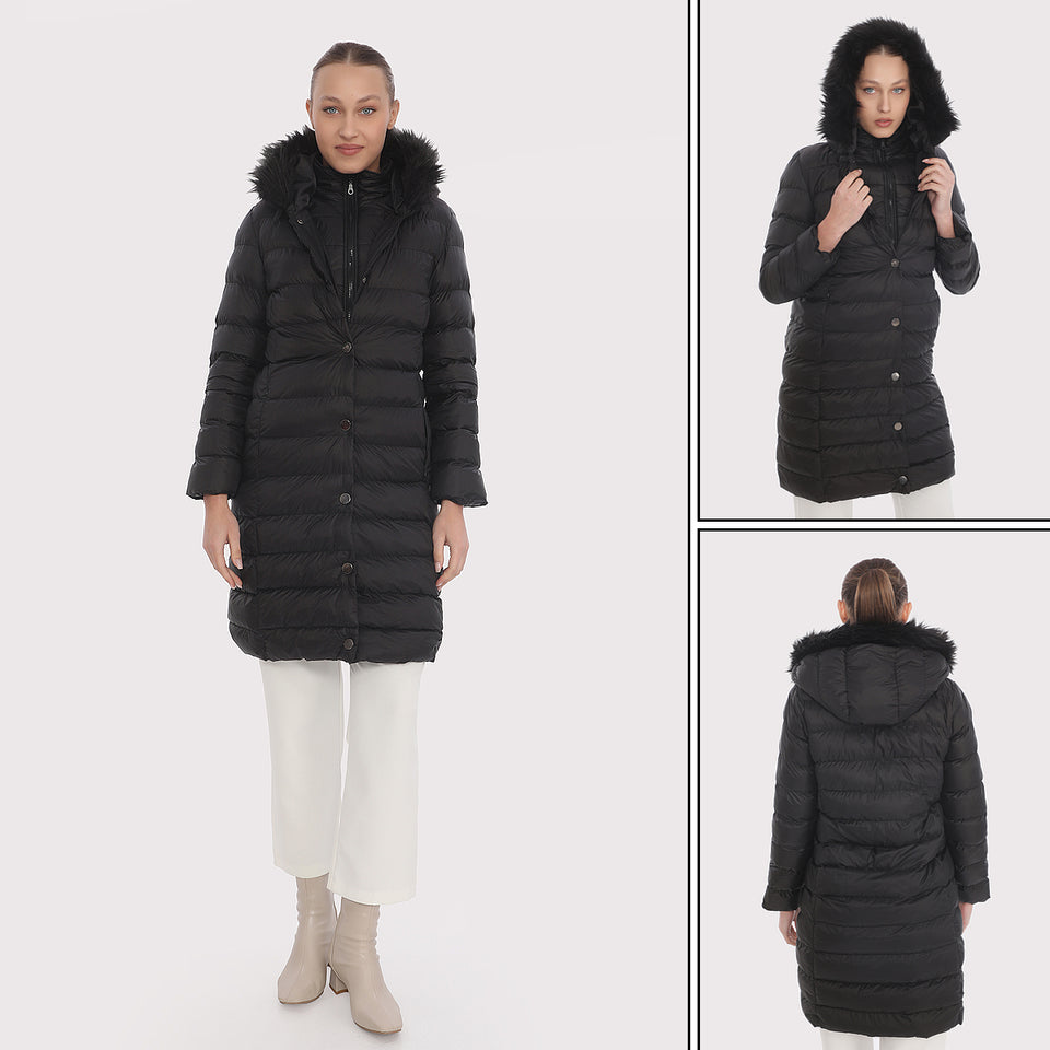 Kürk Kapüşonlu Uzun Kapitone Puffer Mont - Siyah