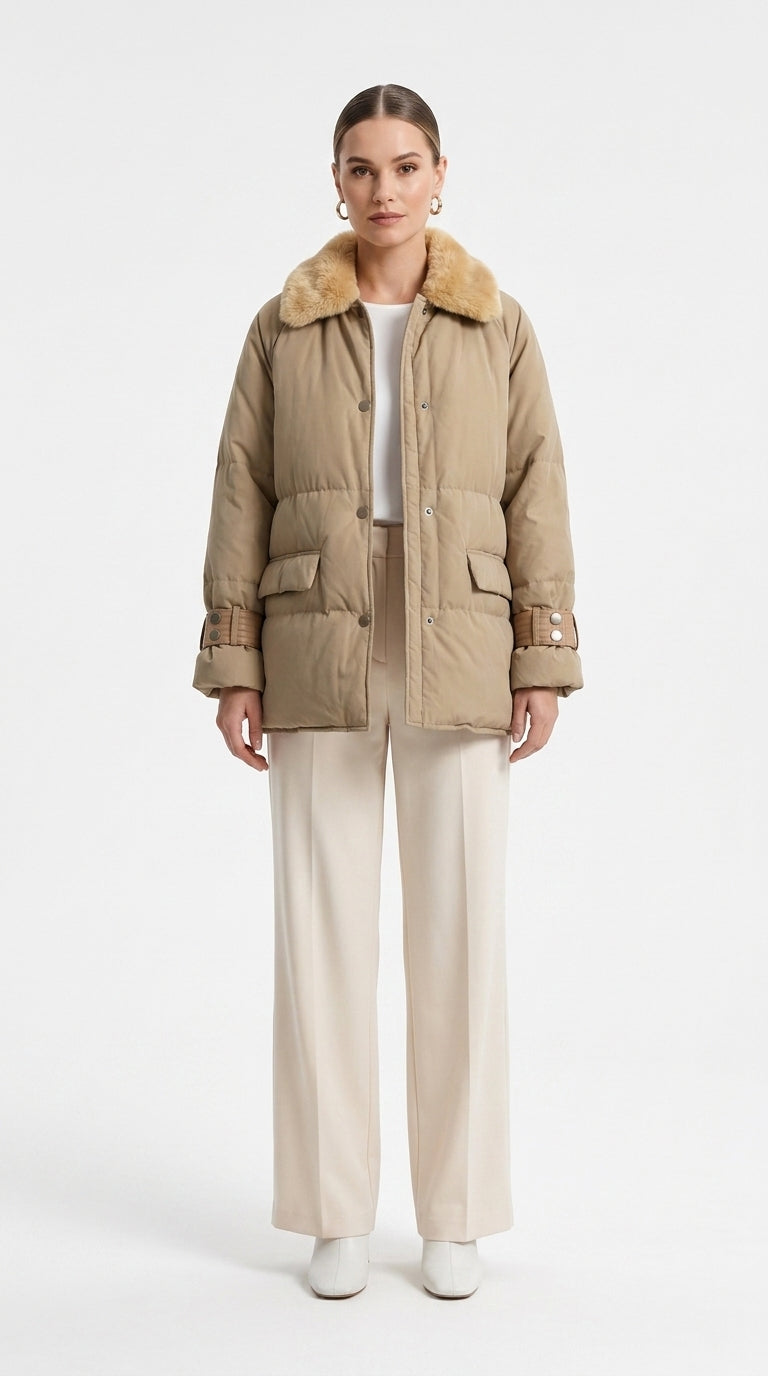 Deri Detaylı Puffer Ceket - Camel