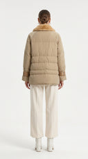 Deri Detaylı Puffer Ceket - Camel