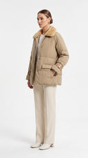 Deri Detaylı Puffer Ceket - Camel