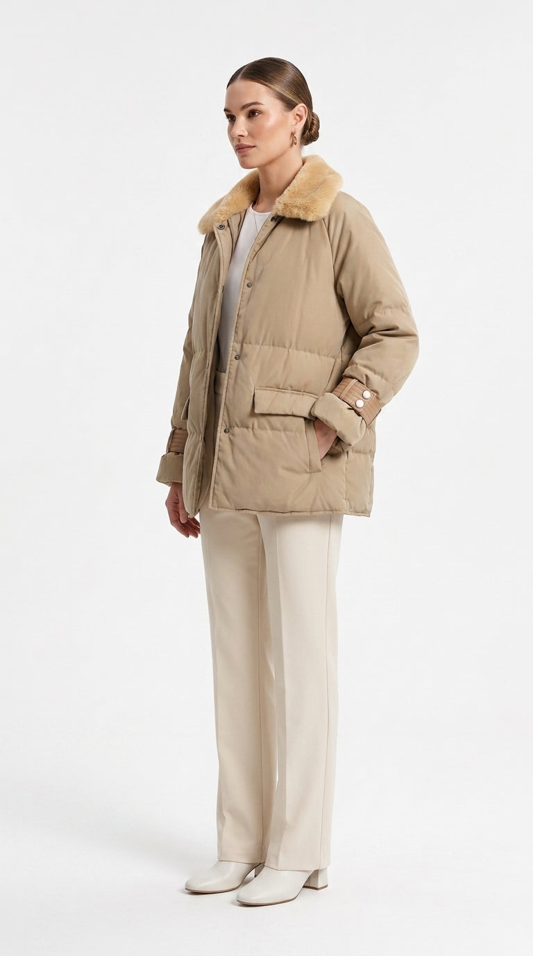 Deri Detaylı Puffer Ceket - Camel