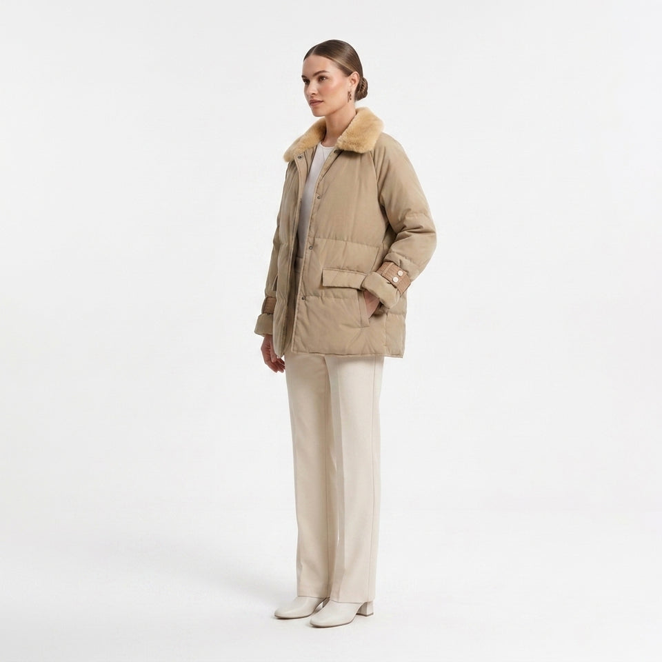 Deri Detaylı Puffer Ceket - Camel