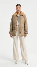 Deri Detaylı Puffer Ceket - Camel