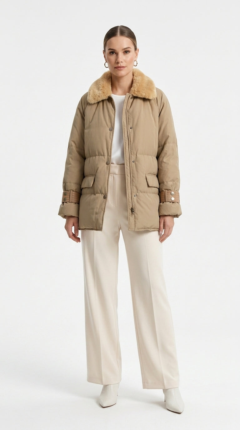 Deri Detaylı Puffer Ceket - Camel