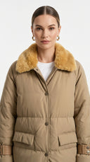 Deri Detaylı Puffer Ceket - Camel