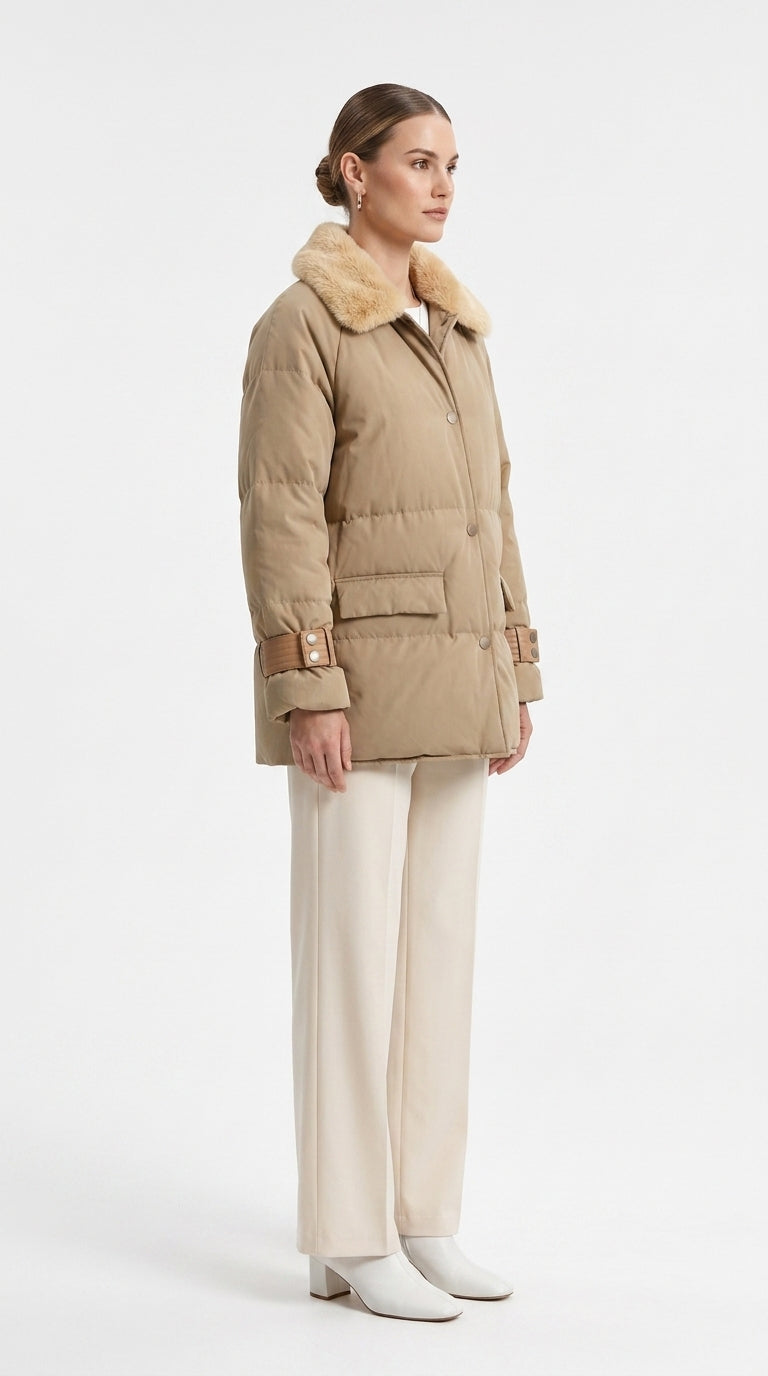 Deri Detaylı Puffer Ceket - Camel