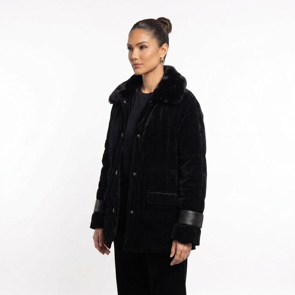 Deri Detaylı Puffer Ceket - Siyah