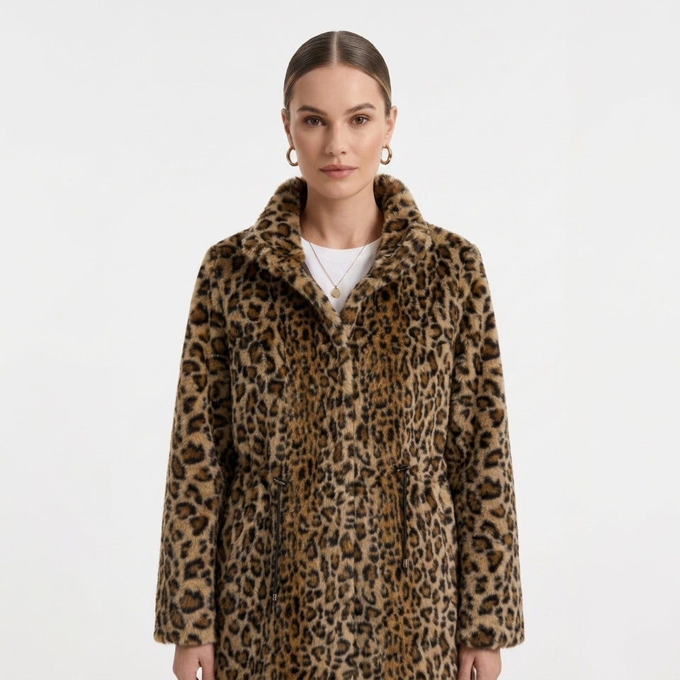 Bel Büzgülü ve Dik Yakalı Kaban - Leopar Desen