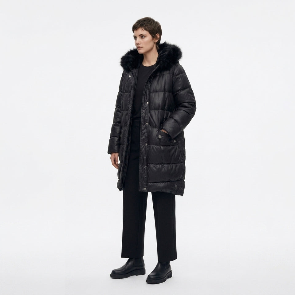 Kapaklı Cep Detaylı Kapitone Puffer Mont - Siyah