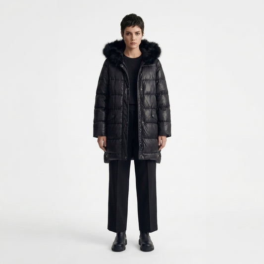 Kapaklı Cep Detaylı Kapitone Puffer Mont - Siyah