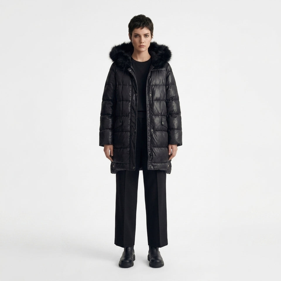 Kapaklı Cep Detaylı Kapitone Puffer Mont - Siyah