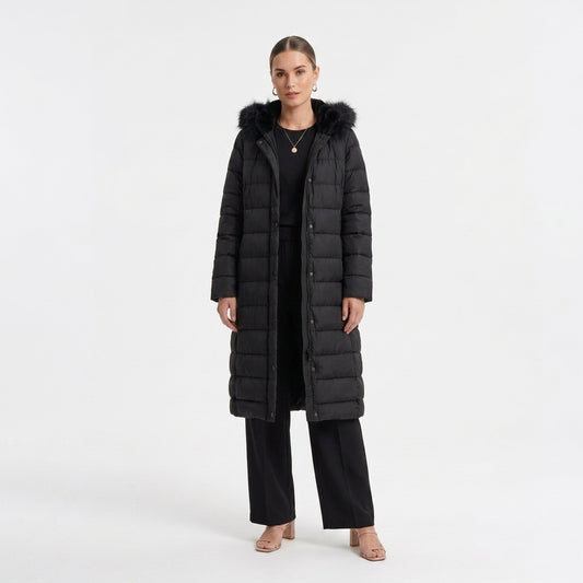Kürk Kapüşonlu Uzun Kapitone Puffer Mont - Siyah