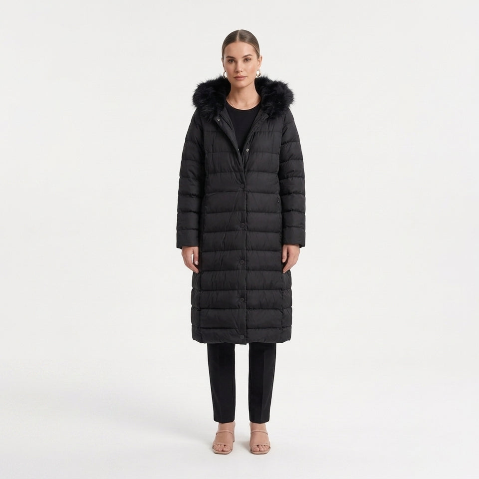 Kürk Kapüşonlu Uzun Kapitone Puffer Mont - Siyah