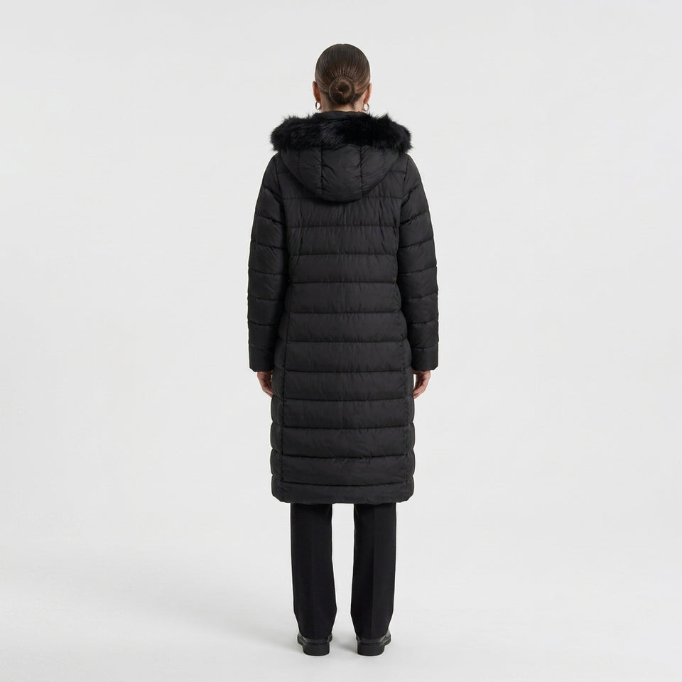 Kürk Kapüşonlu Uzun Kapitone Puffer Mont - Siyah