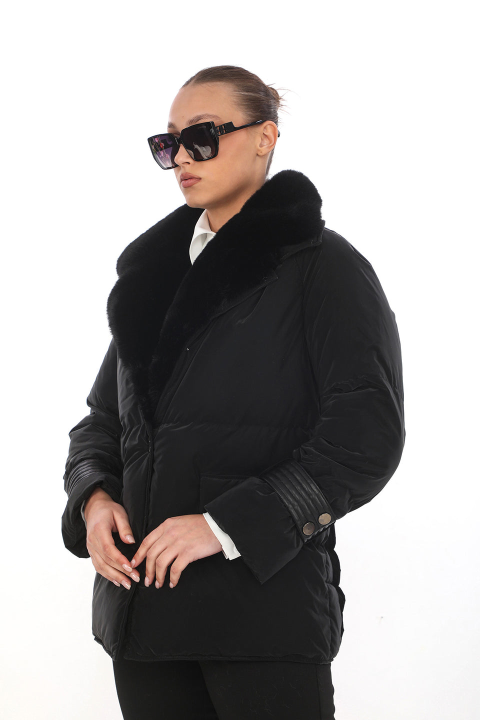 Deri Detaylı Puffer Ceket - Siyah