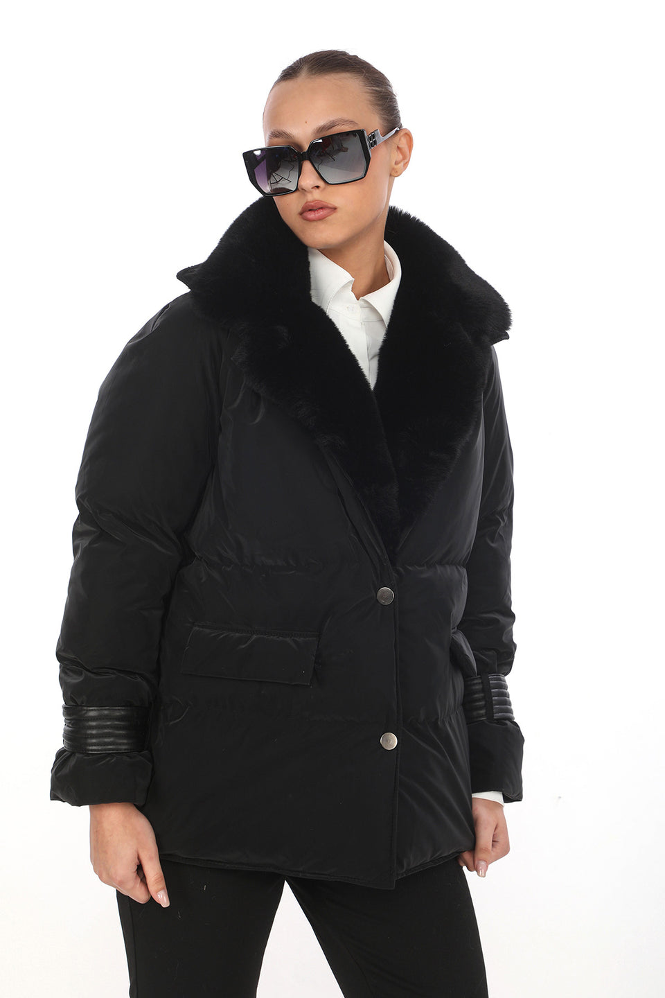 Deri Detaylı Puffer Ceket - Siyah