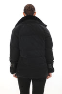 Deri Detaylı Puffer Ceket - Siyah
