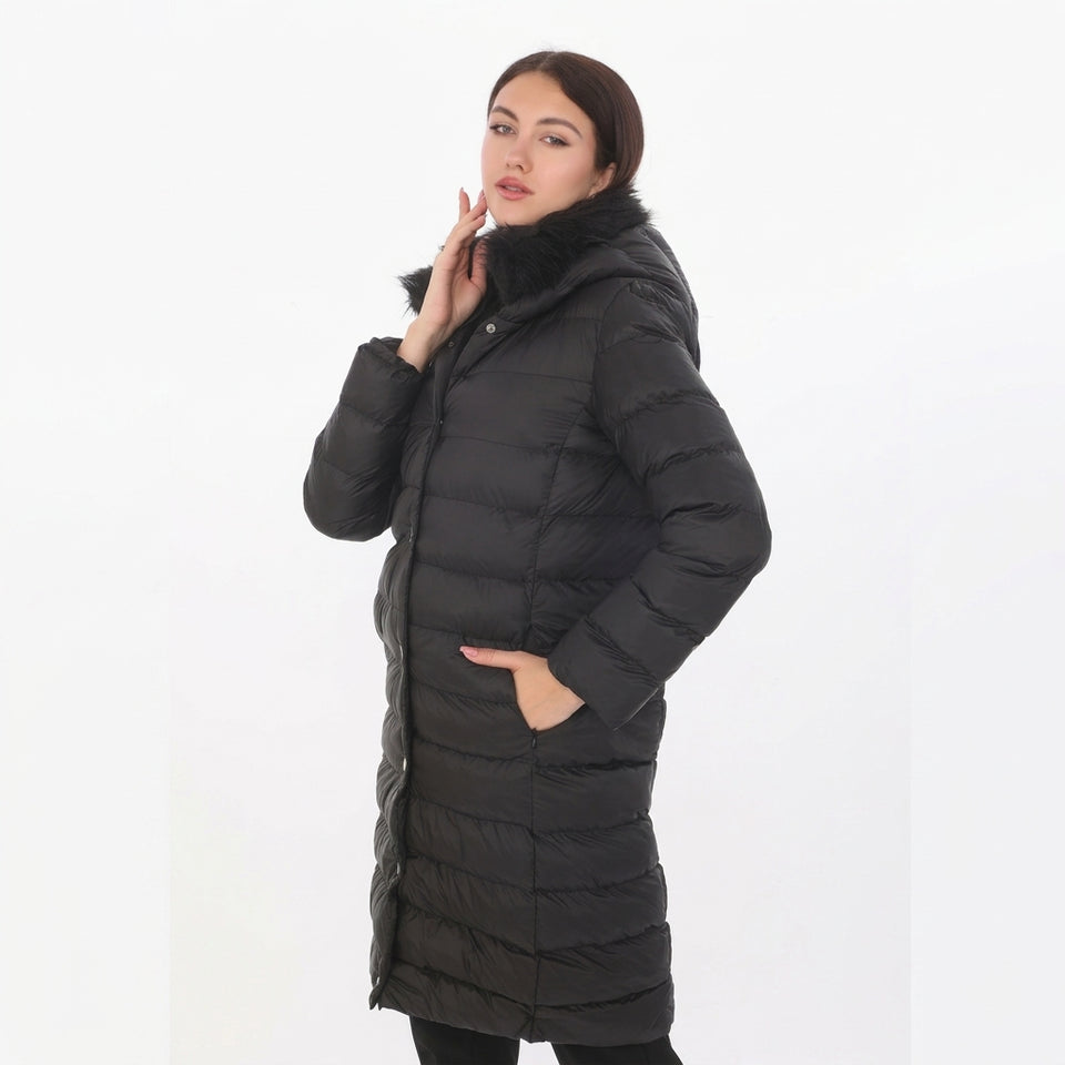 Kürk Kapüşonlu Uzun Kapitone Puffer Mont - Siyah